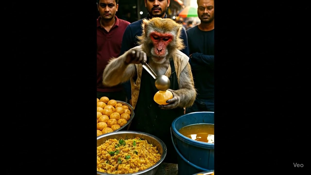 Monkey chef and monkey worker at India street food 🐒🔥