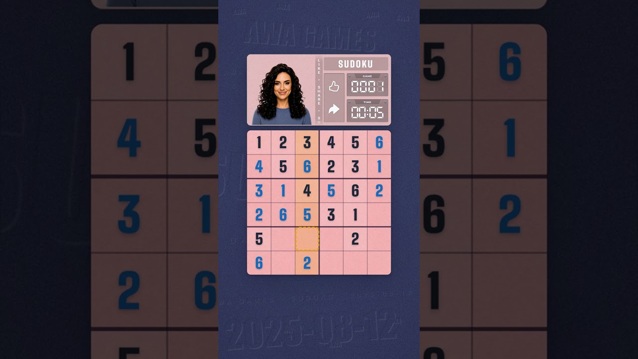 LinkedIn Mini Sudoku #1 solved board for August 12, 2025, 6x6 grid