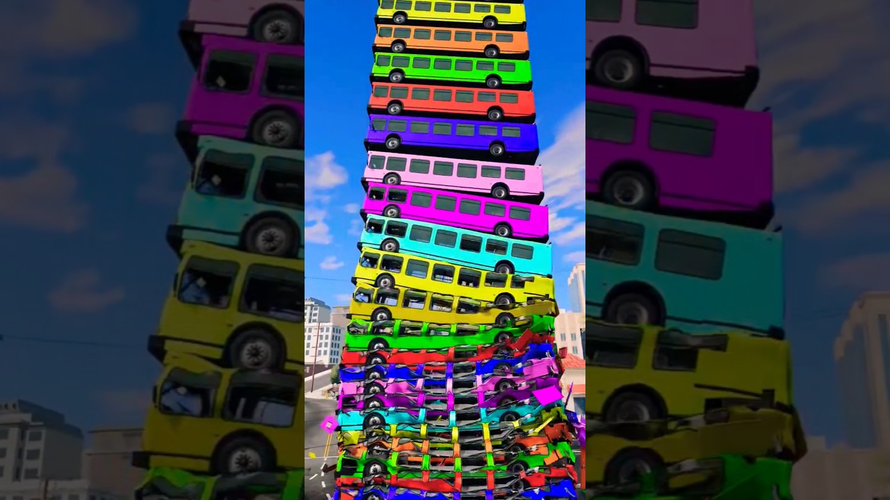 Mixed Color Buses Fall Crash & ExplodeBeamNG.drive 