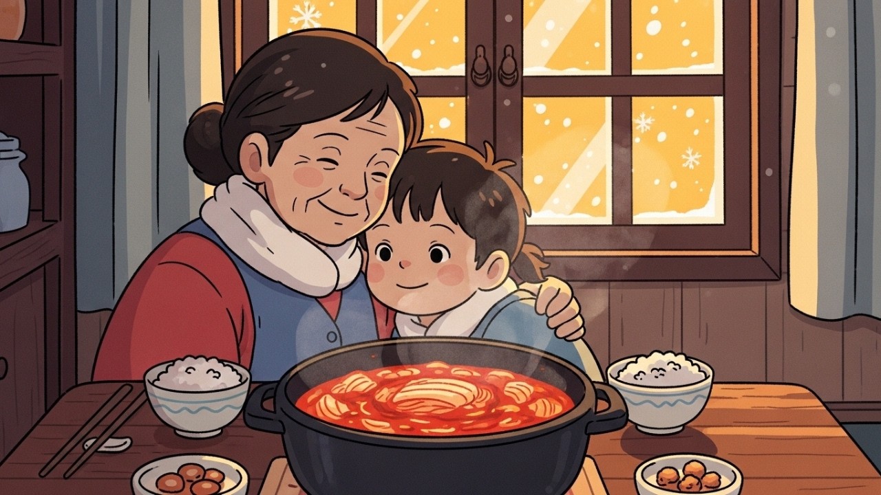 A Cozy Winter Evening with Grandma’s Kimchi Stew and Warm Window Lights | Ghibli style video ❄️