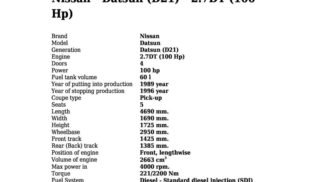 Nissan - Datsun (D21) - 2.7DT (100 Hp) - Technical specifications - YouTube