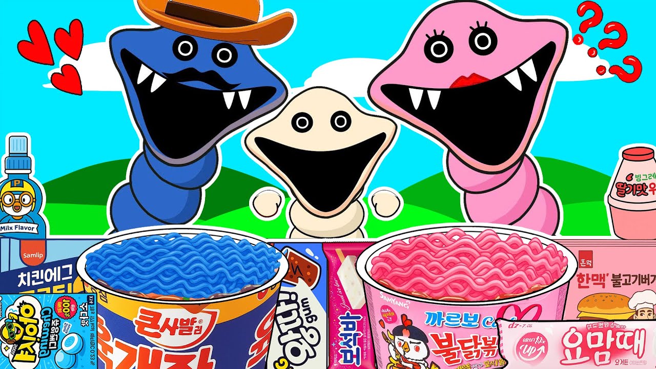 Hungry Worm Family in Roblox Convenience Store Blue Pink Food Mukbang | Animation