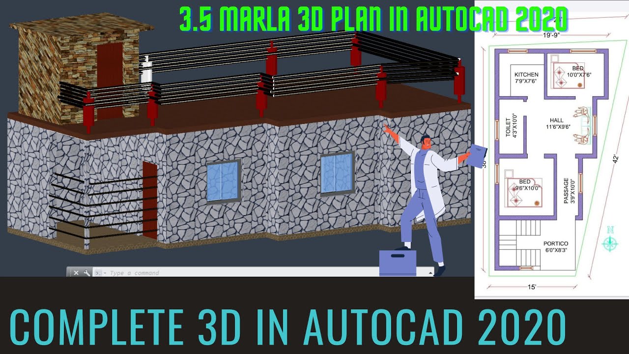 how to make Complete 3D of 2D Floor Plan in AutoCAD 2019 | 3.5 marla ...