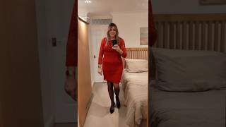 Glamorous in Red Lace Dress, sheer stockings and high heels