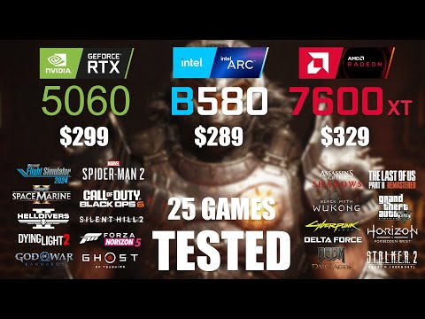 RTX 5060 8GB vs ARC B580 12GB vs RX 7600XT 16GB | R9 - 7950X3D | 1080p - 25 Games Tested