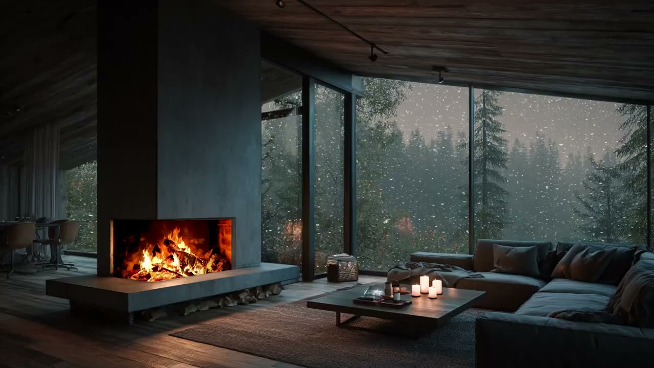 Rain and Fire Ambience with Soft Piano Creating a Deeply Calming and Comforting Night Atmosphere