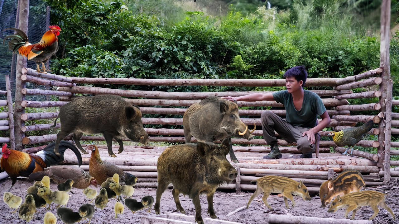 Life in the wild, build new wooden pens for wild boars, hunting fish at night, survival skills