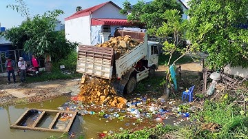 Complete New Project 100% Landfill Flooded area !! Truck 5Ton Unloading with Dozer Komatsu D20P push