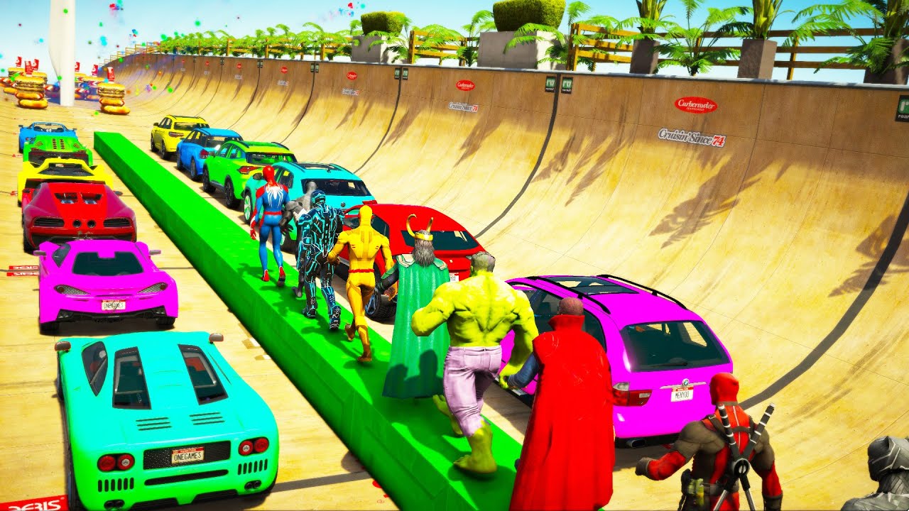 Aranha com Heróis Desafio Skateboard Salto épico Ramp! Crazy Сhallenge on Sport Cars, Suvs and Bikes