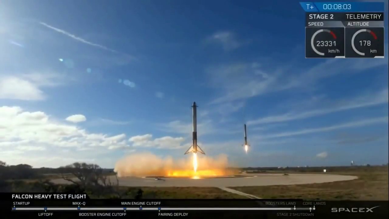 Первый старт и посадка носителей Falcon Heavy 1st start & landing//Tesla in space