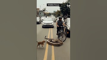 A small dog keeps barking at a python on a busy road #barkpost #citydog #doglover #snake #shorts