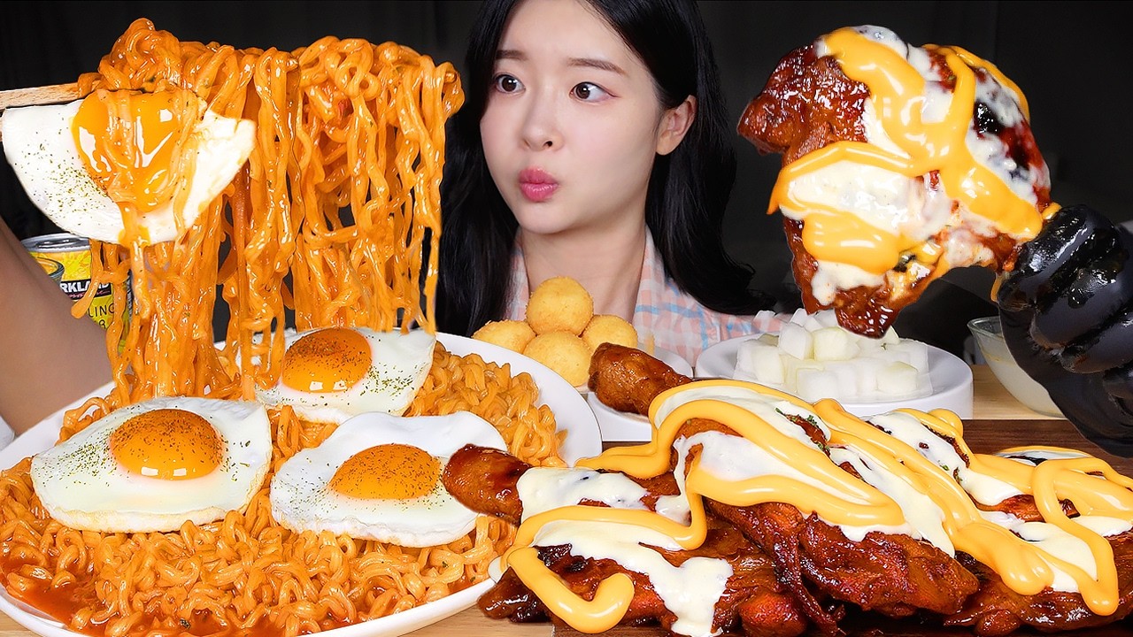 ASMR MUKBANG | 꾸덕꾸덕 신라면 로제 ☆ 자메이카 통다리 치즈볼 🍗 먹방! Creamy Shin Ramyun Rosé & Chicken Legs & Cheese Ball