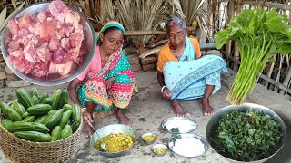 CHICKEN CURRY with POTOL And shak vaji cooking &eating by tribe santali family||