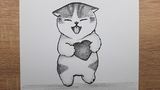 Kolay Karakalem Kalp Tutan Sevimli Kedi Resmi Adım Adım Nasıl Çizilir