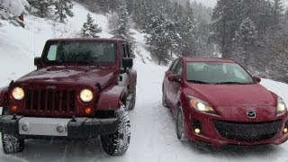 2013 Mazda3 vs Jeep Wrangler Snowstorm Winter Tire Mashup Test