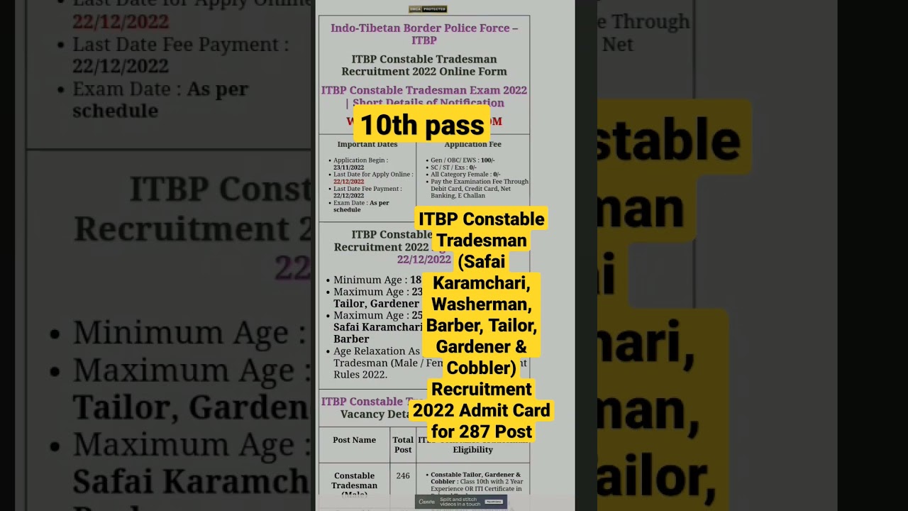 ITBP Constable Tradesman (Safai Karamchari, Admit Card || 