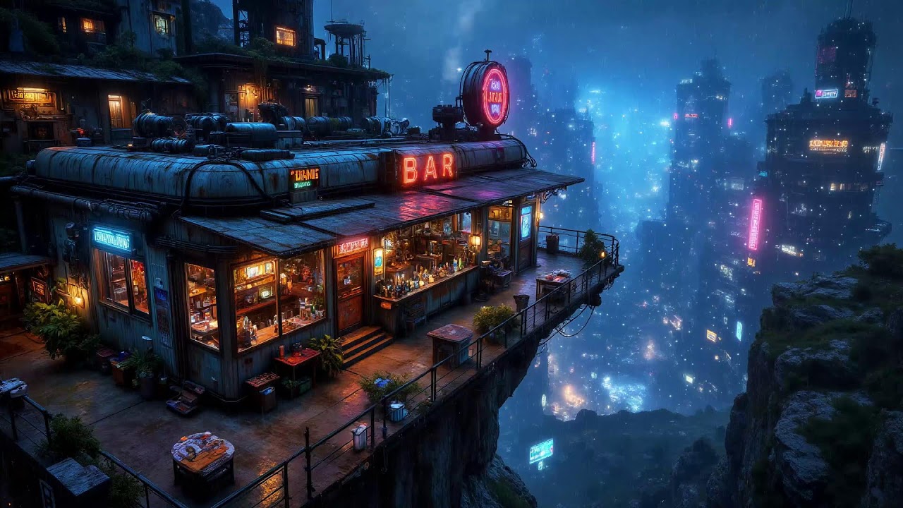 Lofi Ambient – Cyberpunk Bar Rain Overlooking a Neon Metropolis | Relaxing Music for Studying | 4K