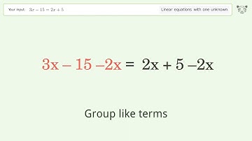 Linear equation with one unknown: Solve 3x-15=2x+5 step-by-step solution