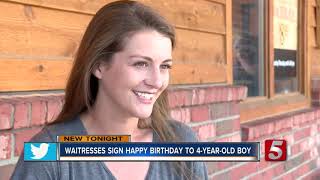 Two servers at the murfreesboro texas roadhouse made a little boy's
birthday special by not only wishing him happy birthday, but also
signing it to him. octa...