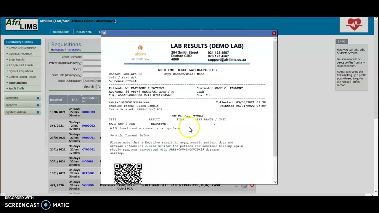 Example COVID-19 Lab Report, QR Code