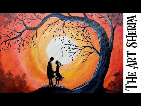 Sunset Couple in Love under a Tree 🌟🎨 EASY FIRST painting for beginners: Paint Night at Home