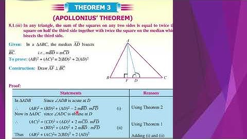 Theorem 3 | Apollonius Theorem |Ch# 8 | Class 10 | Maths | Punjab and Federal Board