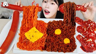 ASMR MUKBANG Korean fire noodles, black bean noodles, long sausage, seasoned chicken, eating