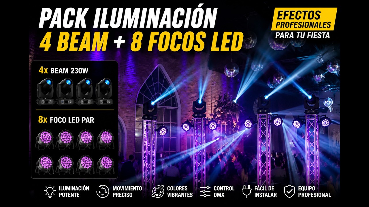 Pack Iluminación 4 Beam + 8 Focos LED PAR | Fiesta en Casa, Matrimonios y Eventos 🔥