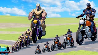 Big & Small: Captain America on a Motorcycle vs Thanos on a Motorcycle vs Thomas the Train | BeamNG