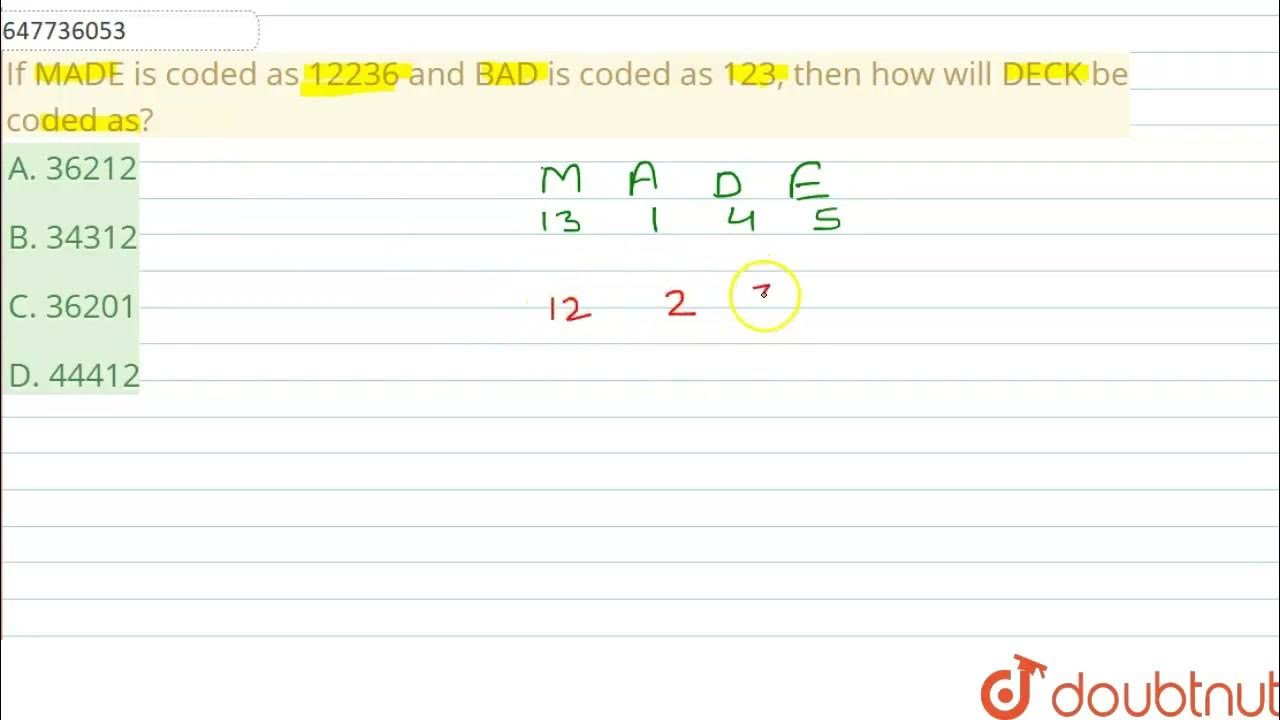 If MADE is coded as 12236 and BAD is coded as 123, then how will DECK ...