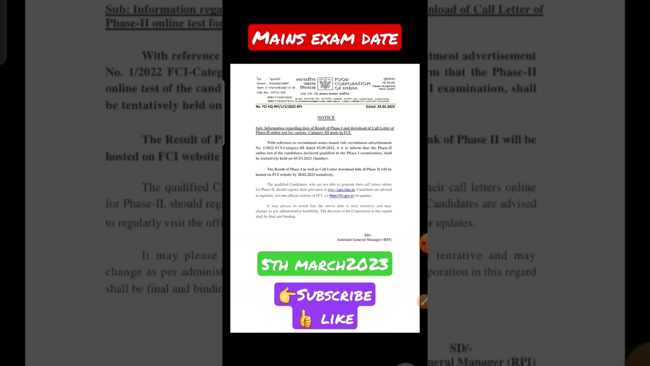 FCI AG3 MAINS EXAM DATE OUT || 