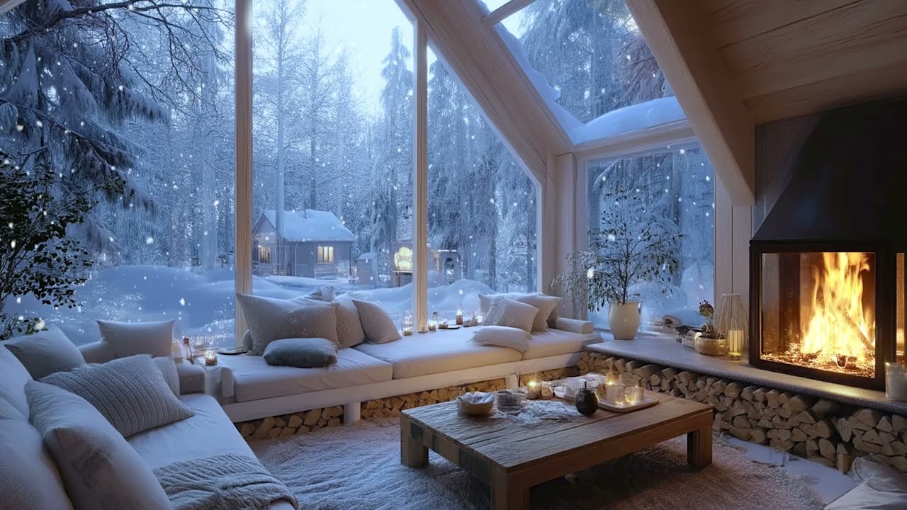 3 Hours Peaceful Winter Lounge Piano | Cozy Fire & Falling Snow | Calm Focus Study Work Reading