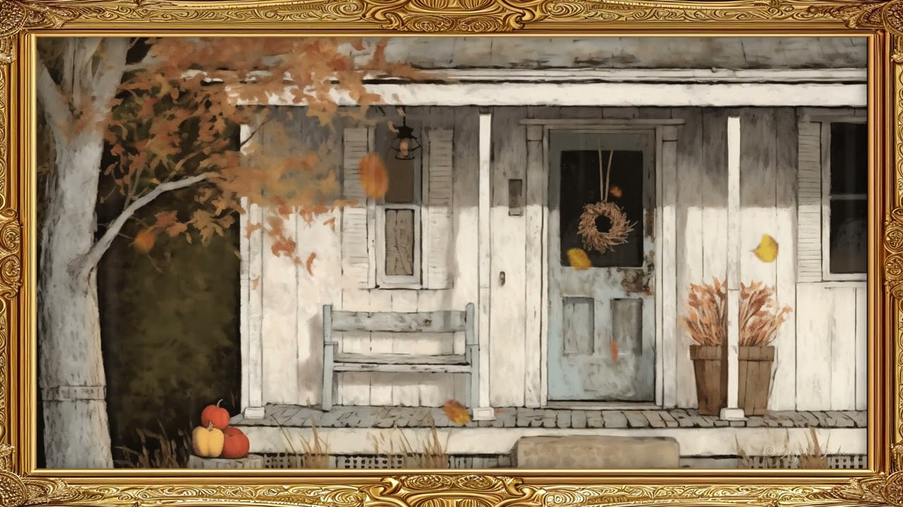 Autumn Farmhouse Porch in the Rain | Gold Frame TV Art with Chill Jazz Music in 4K