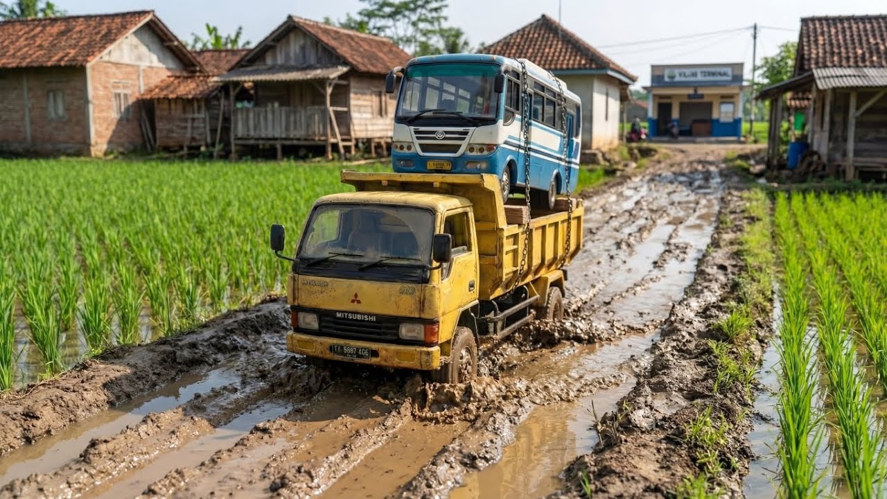 Yellow Dump Truck Carries Bus to Village Terminal | Narrow Muddy Roads Stop-Motion Diorama