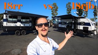 Grey wolf 18rr vs Wolf pup 18rjb, two small toy hauler campers by Cherokee Forest River