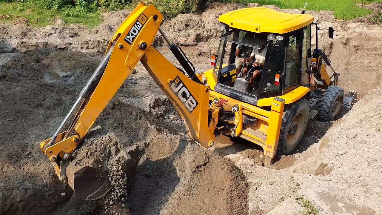 JCB Backhoe Machine Amazing Work on Sandy Place - JCB Making Drain For Wall Construction- JCB Video