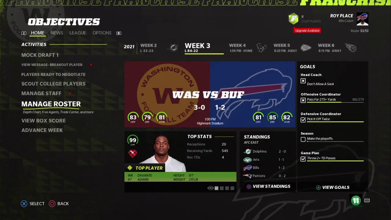 Madden 22 Franchise Was Vs Bills Week 3 YouTube