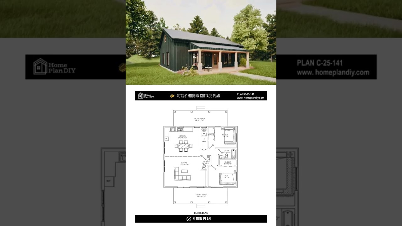36x30 Tiny House Plans  Modern 2 Bedroom, 2 Bath Cabin Blueprint 