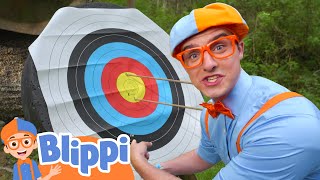 blippi tries camping great outdoors archery ziplining more