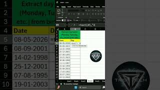 Extract day name (Monday, Tuesday) from date using text formula | Excel tips and tricks #excelshorts