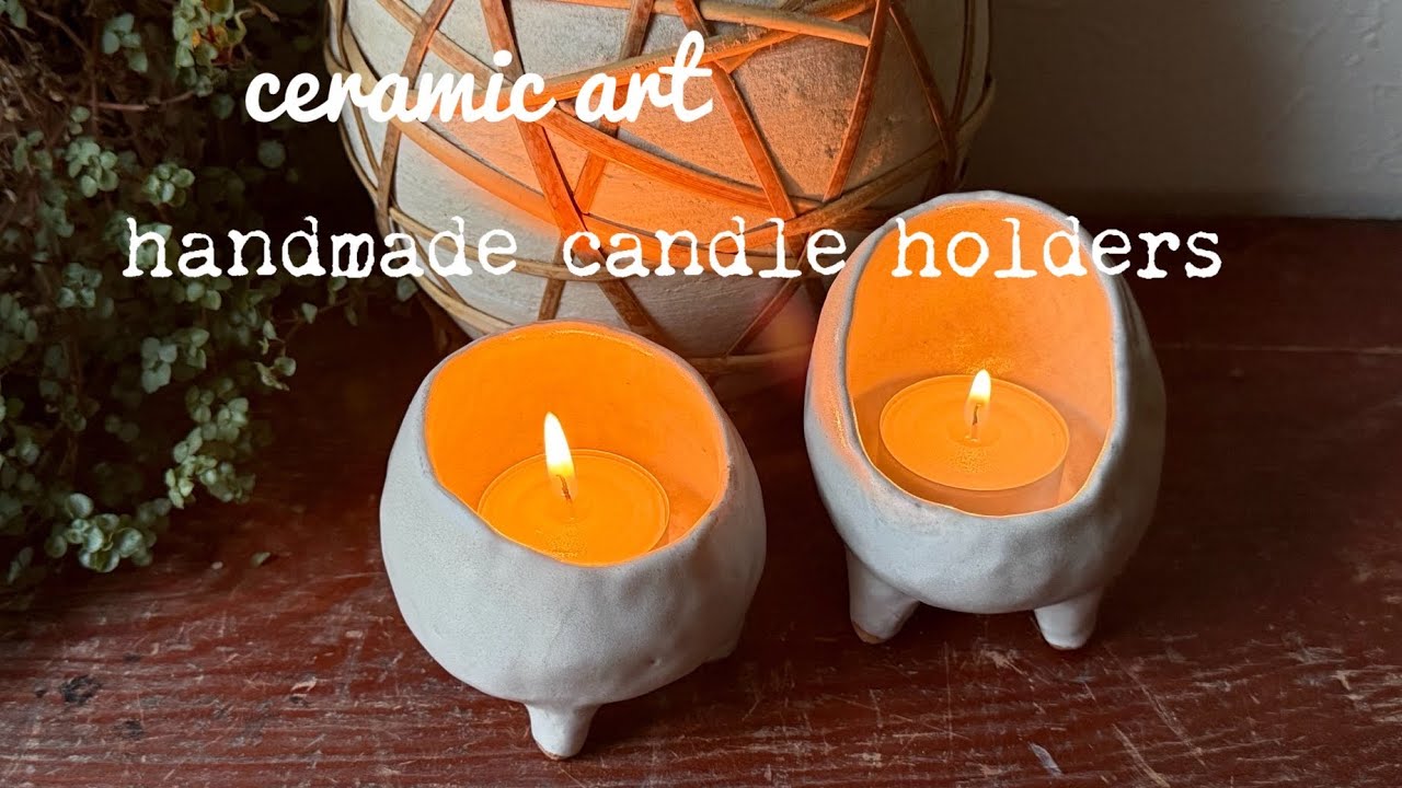 作家さんの手作り、陶器のスタンド 陶芸」pottery/making candle holders/手びねりで卵みたいなキャンドル