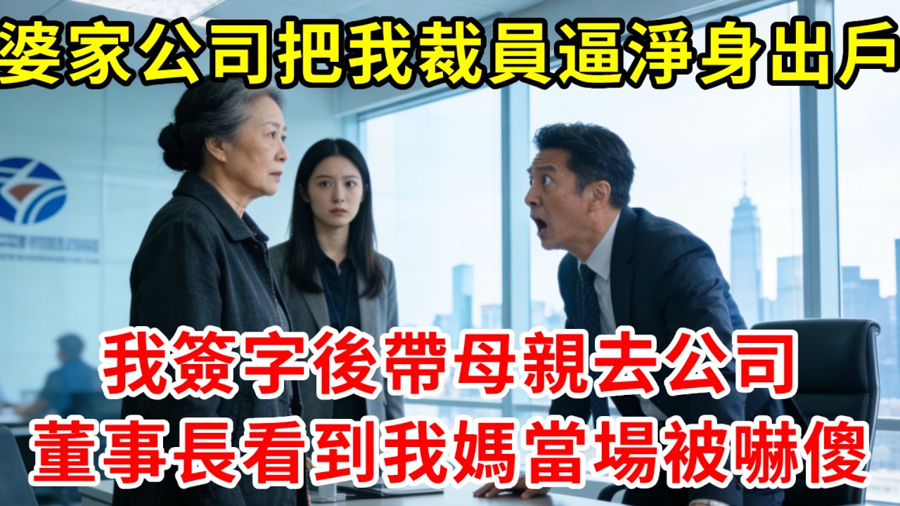 婆家人聽聞我被裁員，當晚逼我淨身出戶，我簽字後帶母親去公司，董事長看到我媽當場被嚇傻#正能量 #故事分享 #故事頻道 #情感 #人生感悟