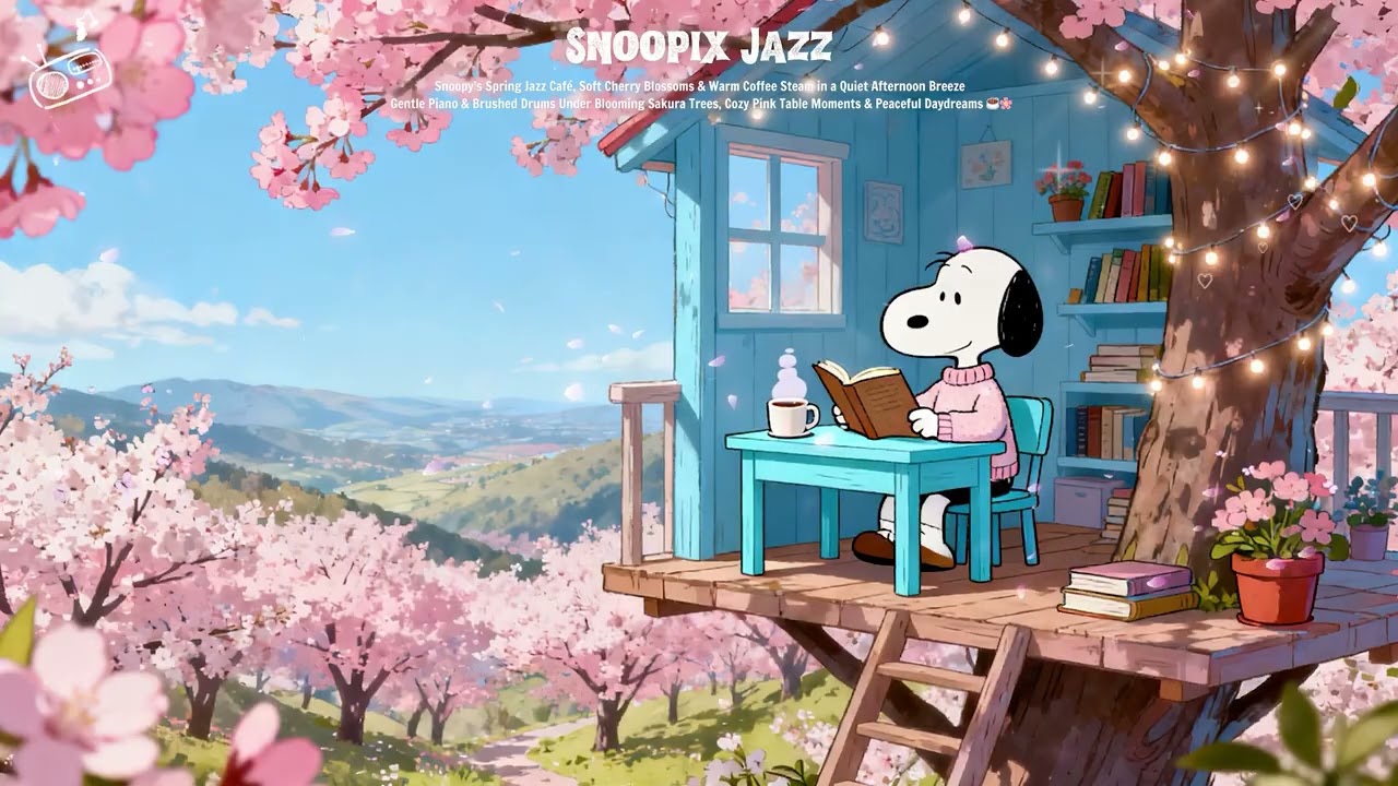 Spring Mountain Jazz with Snoopy 🌸🏡 Blossom Breeze & Cozy Café Vibes