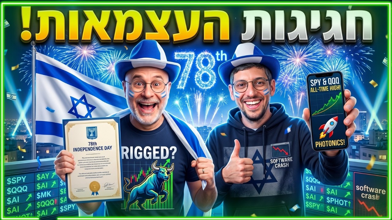גרף מניות פוטוניקה ובינה מלאכותית, לוגו אינטל וניתוח טכני של מדדי הנסדא"ק וה-S&P 500