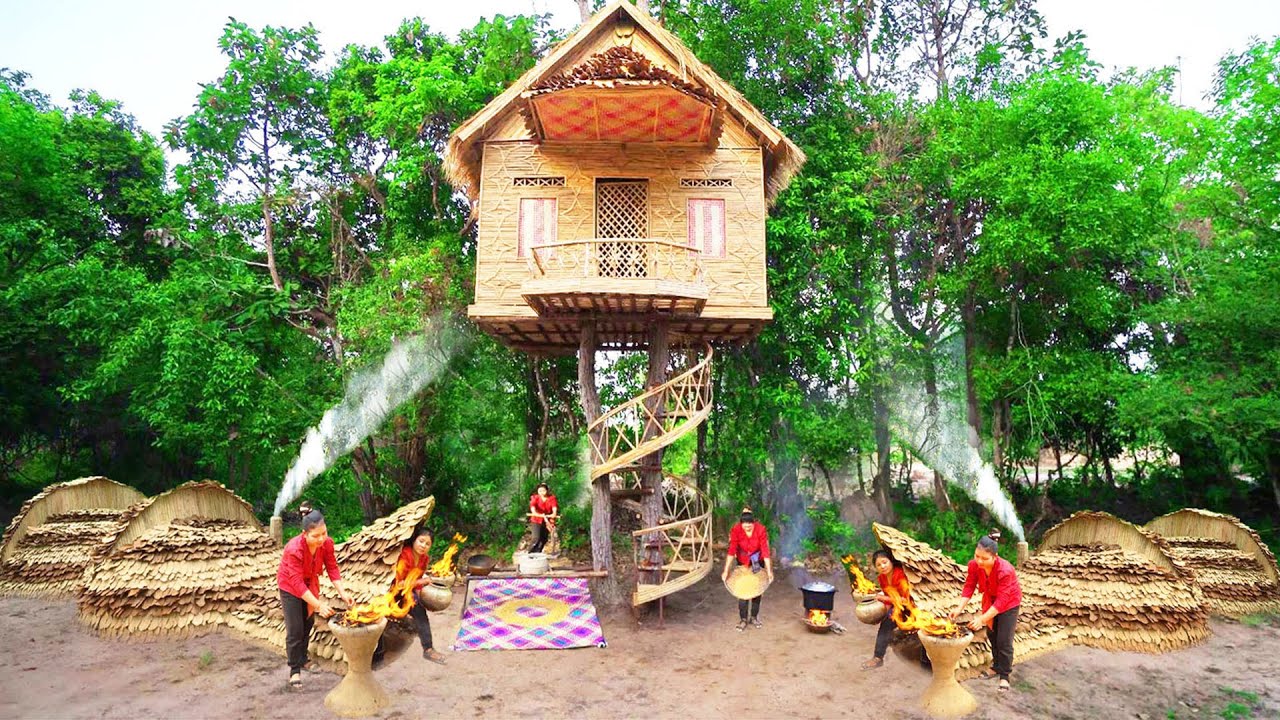 Survival Girl Solo Camping Living Off Grid Building Two House, Bamboo ...