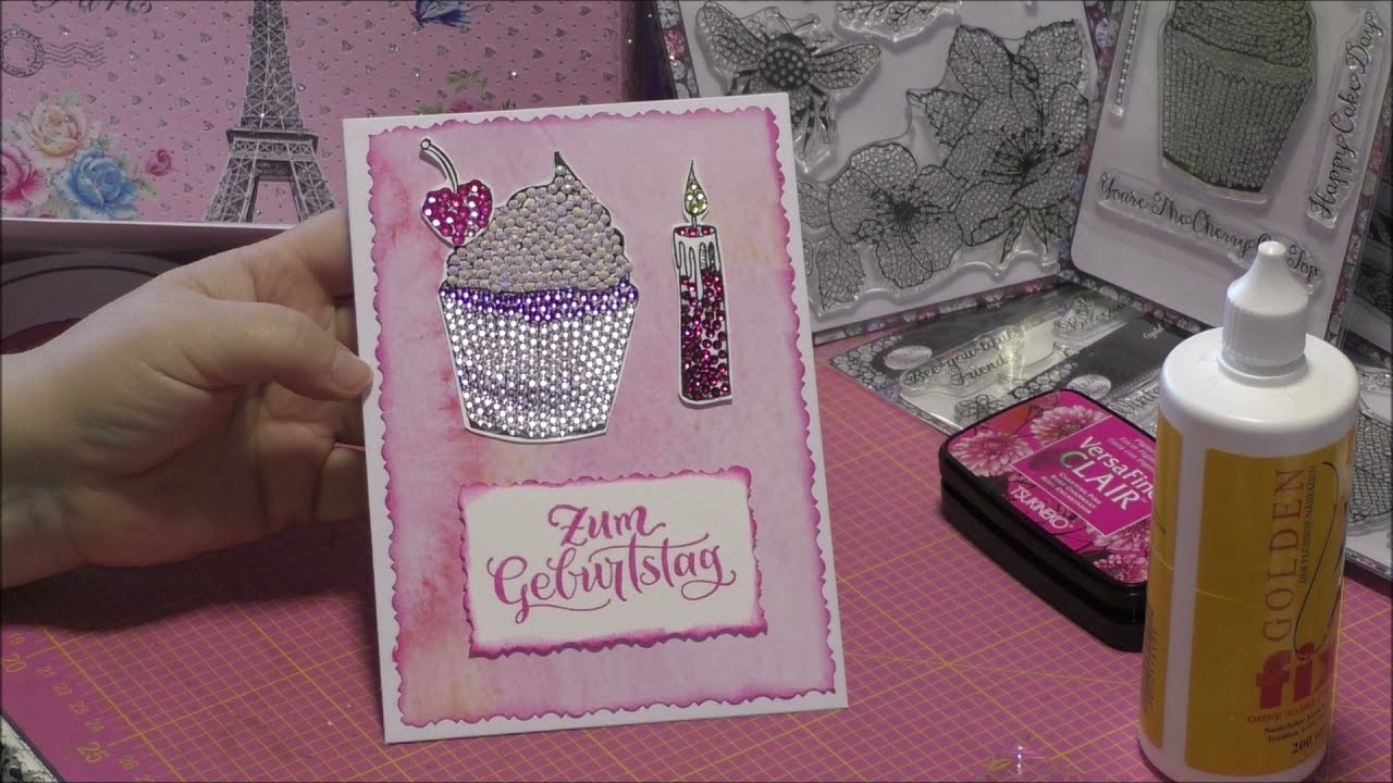 Diamond Painting - Geburtstagskarte Cup Cake aus Strass - gestempelt und belegt