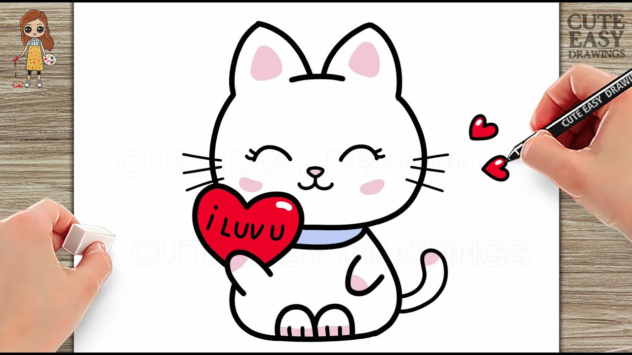 How to Draw a Cute Cat with Love Heart Easy Drawing and Coloring ...