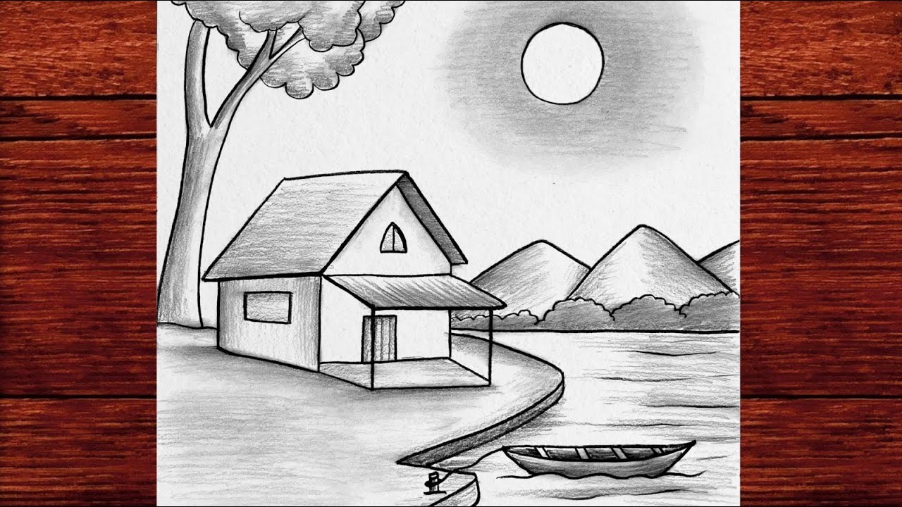 How to Draw a Lakeside House Scene | Easy Pencil Landscape Tutorial