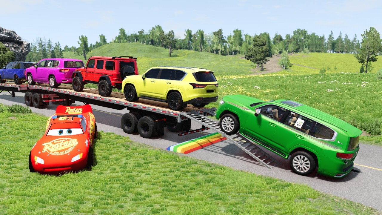 Flatbed Truck McQueen | Transportation with Truck - Pothole vs Car #13 | BeamNG.Drive Gameplay