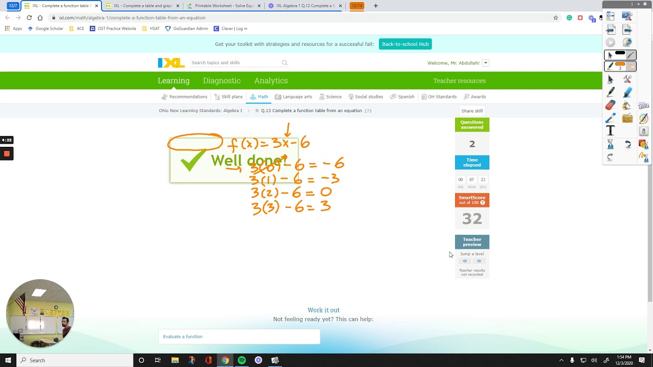IXL Algebra 1 Q.13 Complete a function table from an equation [Z73 ...